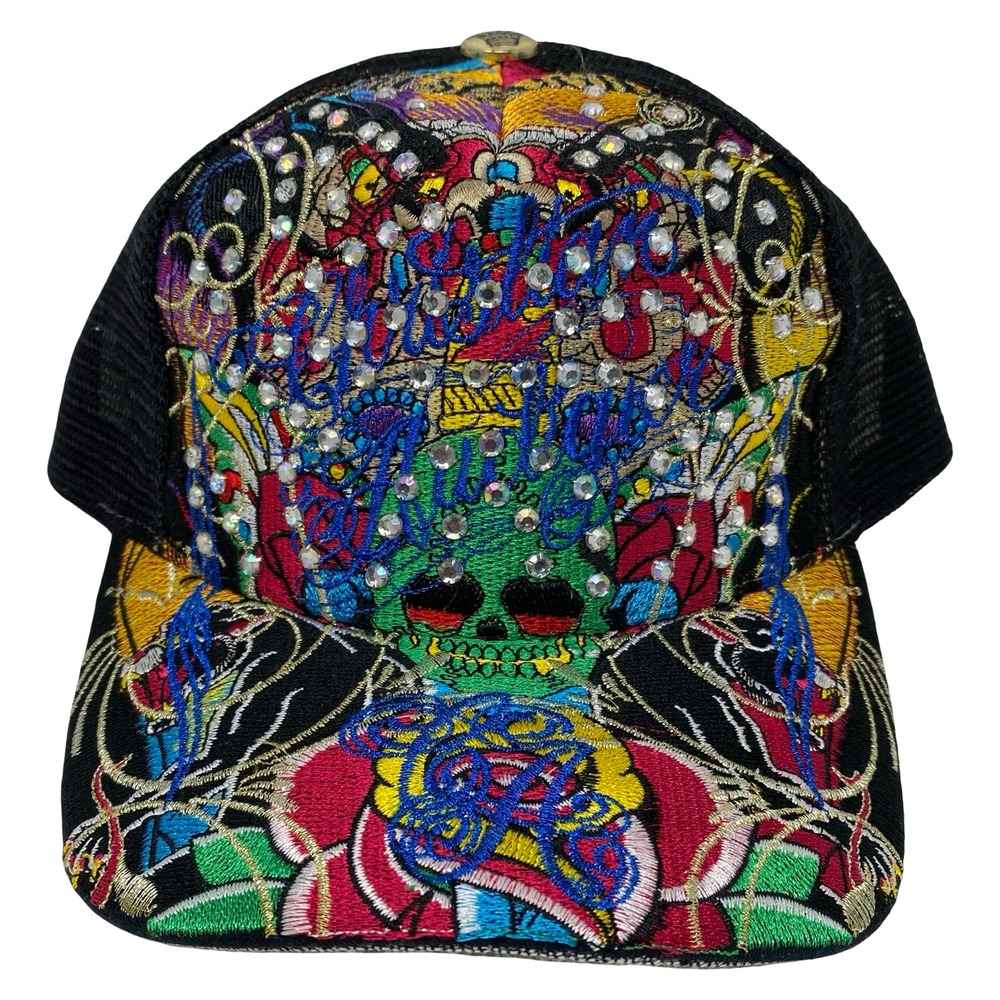 Christian Audigier Skull Rhinestone Embroidered Mesh Trucker Hat Black Multi - Picture 2 of 14
